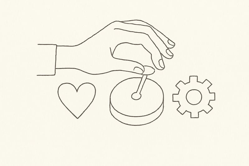 Eine Hand lässt ein schlichtes Drehrad sanft drehen; Herz- und Zahnrad-Symbole deuten Balance von Emotion und Leistung an, ruhig und bedacht.
